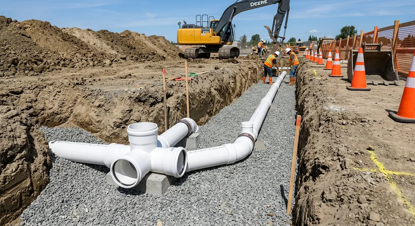 New PVC sewer pipe installation in open trench for Commercial Drain Cleaning in Muskegon