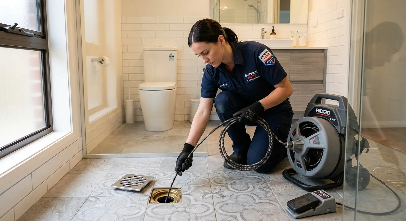 Technician clearing a bathroom floor drain for Drain Cleaning in Muskegon